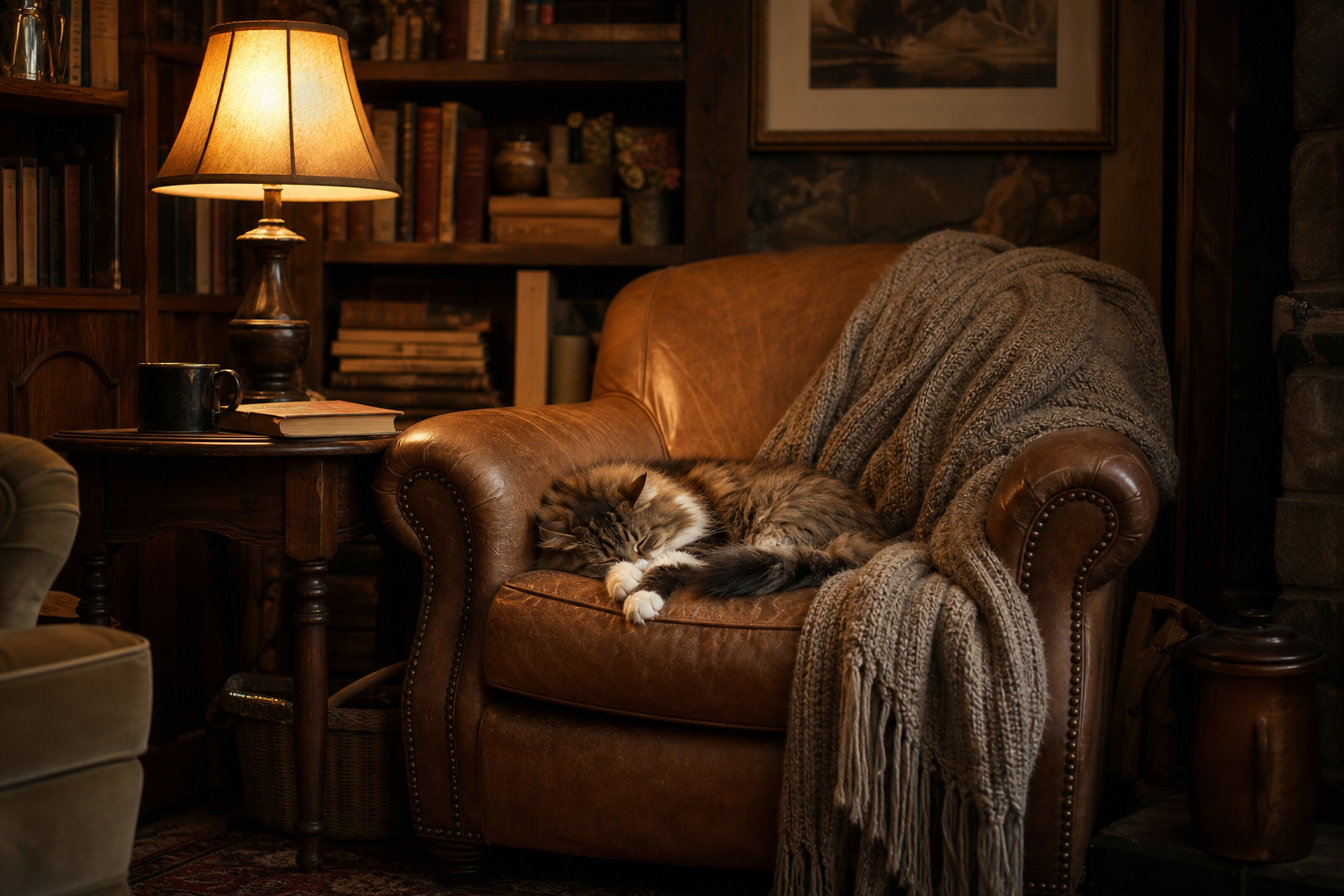 Reading nook with cat on armchair