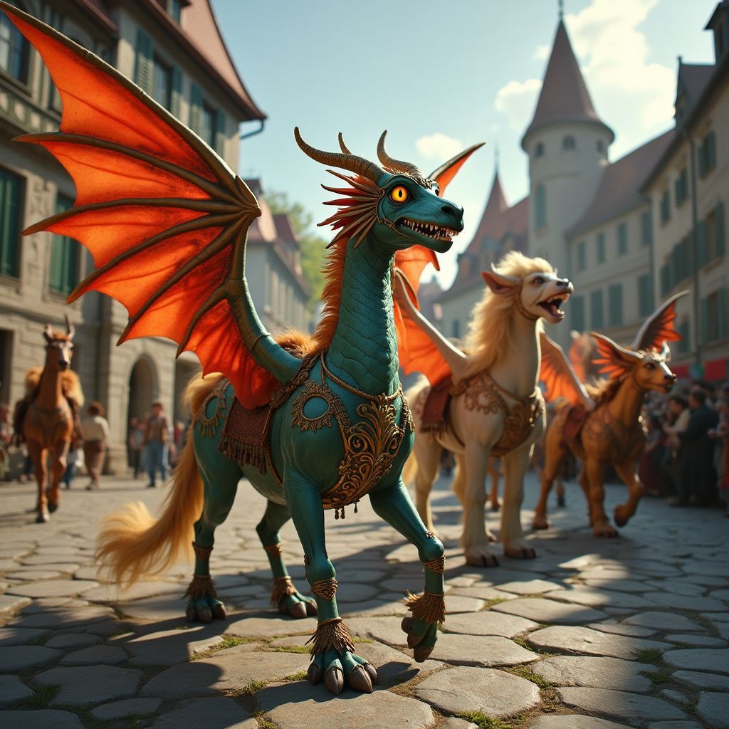 A colorful parade with griffins and centaurs in a medieval town square.