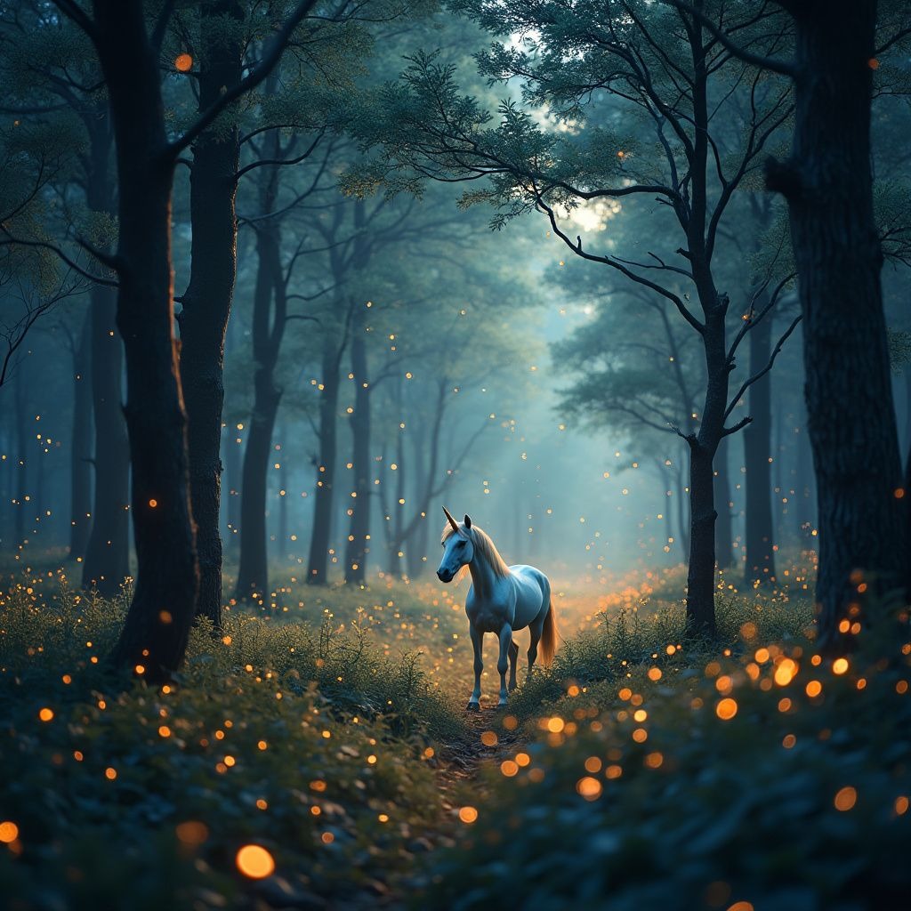 A glowing forest at twilight, filled with unicorns and fireflies.