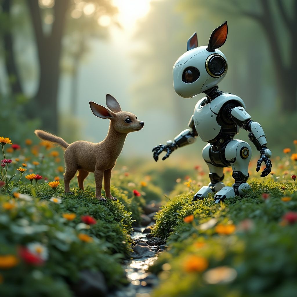 A lush landscape where robotic and real animals coexist peacefully.