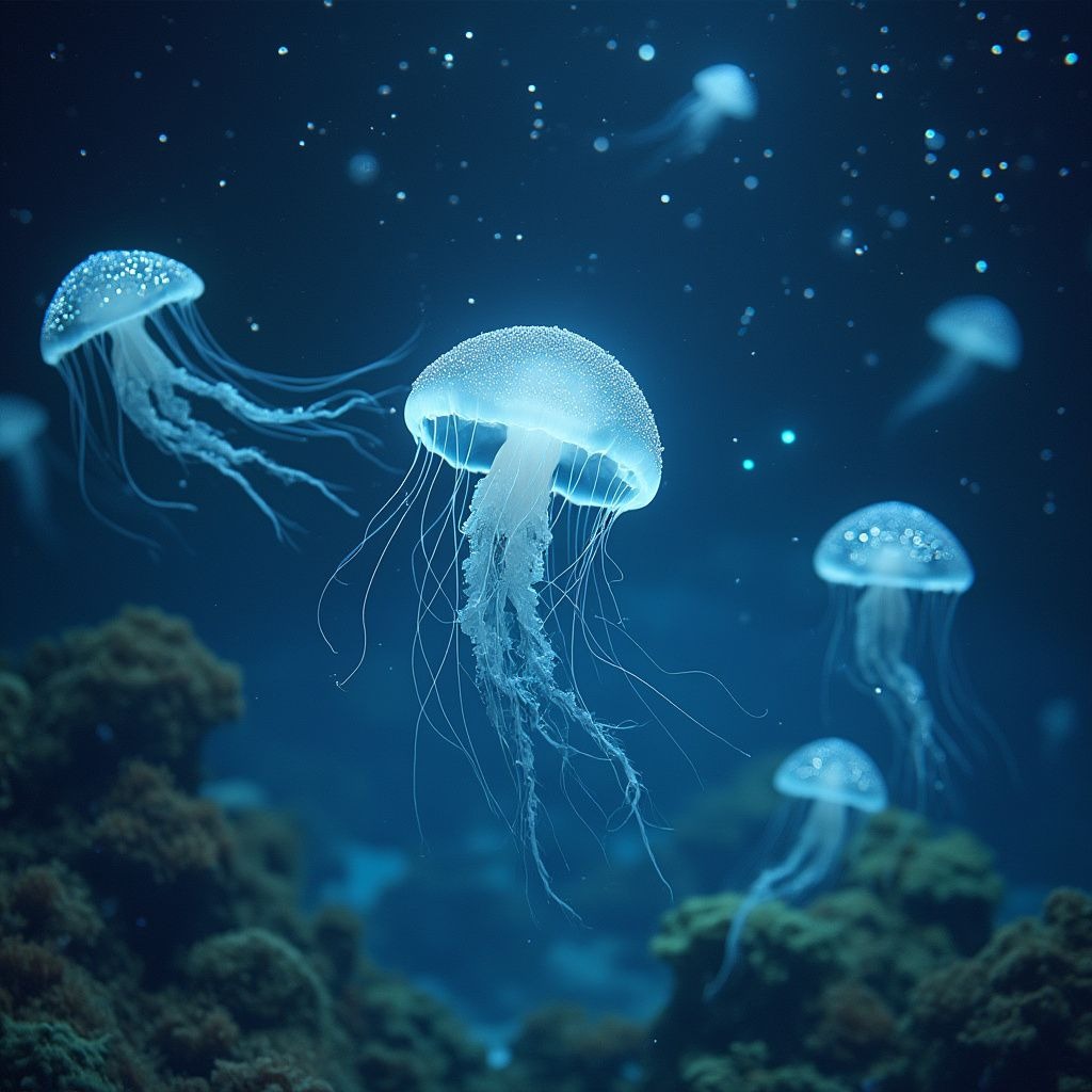 An underwater scene with bioluminescent jellyfish and a starry sky above.