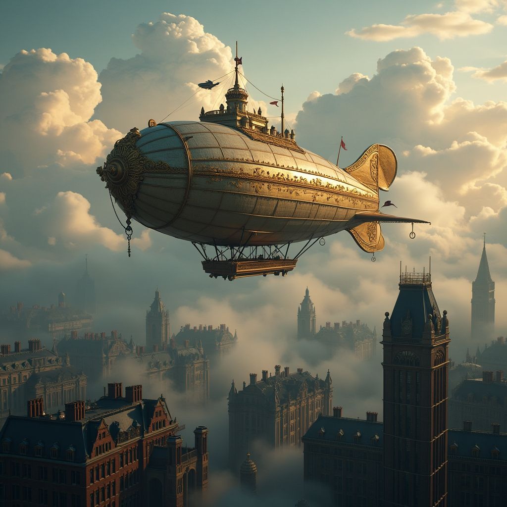 An ornate airship flying through clouds over a Victorian city.